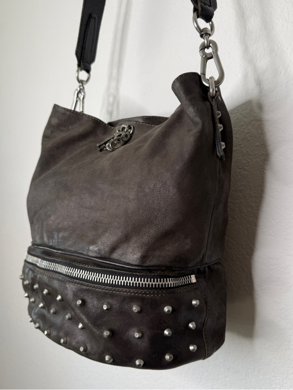A.S.98 Studded Leather Bucket Bag Gray Brown Distressed Zipper Compartment - Picture 4 of 15